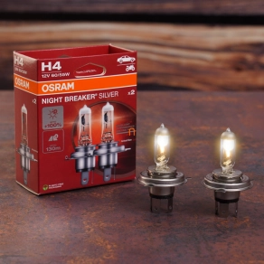   Osram Night Breaker Silver H4 autólámpa, akár 100% több fény, 130 méteres fénykéve, hosszú élettartam, 1650/1000 lumen, 12 V, P43t, megbízható minőség, 64193NBS-2HB, 2 darab/csomag