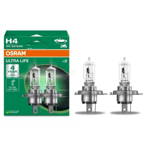   Osram Ultra Life H4 halogén fényszórólámpa, 12V, 1650/1000 lumen, 3200 K, ezüst fejjel, négyszer hosszabb élettartam, megbízható választás mindennapos használatra, 64193ULT-2HB, 2db/csomag
