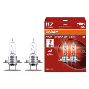   Osram Night Breaker Silver H7 autós halogén izzó, extra hosszú élettartam, akár 100%-kal nagyobb fényerő, 130 méteres fénykéve, PX26d foglalat, 64210NBS-2HB, 2 darab/csomag