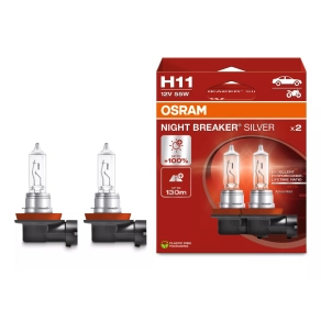   Osram Night Breaker Silver H11 halogén fényszórólámpa, akár 100%-kal több fény, 130 méteres fénykéve, 12 V, 55 W, H11 foglalat, 64211NBS-2HB, 2 darab/csomag