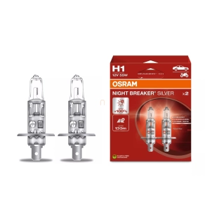   Osram Night Breaker Silver H1 halogén fényszórólámpa, akár 100% extra fényerő, 130 méteres fénykéve, 1550 lumen, 3200 Kelvin, kiváló ár-teljesítmény arány, P14.5s, 64150NBS-2HB, 2 darab/csomag