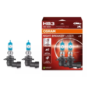   Osram Night Breaker Laser HB3 halogén fényszóró izzó, közúton legálisan használható, akár 150%-kal nagyobb fényerő, 3200 K színhőmérséklet, 9005NL-2HB, 2db/csomag