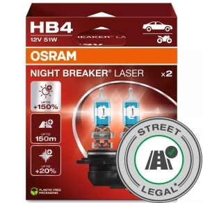   Osram Night Breaker Laser HB4 halogén fényszóró izzó, akár 150%-kal nagyobb fényerő, közúton legálisan használható, hosszú élettartam, 9006NL-2HB, 2db/csomag