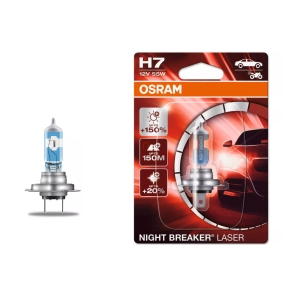   Osram Night Breaker Laser H7 halogén autólámpa, akár +150% fényerő, 12 V, 55 W, 1500 lumen, 3900 K, PX26d foglalat, prémium fényteljesítmény, bliszteres csomagolás, 64210NL-1BL, 1 darab/bliszer