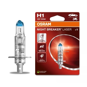   Osram Night Breaker Laser H1 +150%,H1 halogén fényszórólámpa, 12 V, 55 W, 3400 K, P14.5s foglalat, akár 150% fényerő, 64150NL-1BL , 1 darab/bliszter