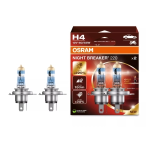   Osram Night Breaker +220% H4 halogén izzó, akár 220%-kal nagyobb fényerő, 150 m hosszú fénykéve, 20%-kal fehérebb fény, prémium arany kupakkal, 64193NB220-2HB, 2 darab/doboz