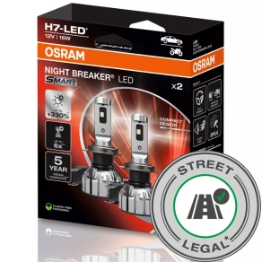   Legális Osram Night Breaker LED Smart H7 +330% autó LED fényszóró szett, Közlekedési Hatóság engedéllyel,  6000K színhőmérséklet, akár +330% fényerő, 1550 lumen fényáram, PX26d foglalat, 64210DWNBSM-2HB, 2 darab/csomag