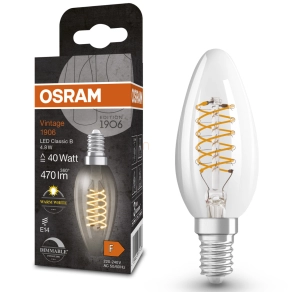   Osram E14 LED gyertya, 4,8W, 470 lm, 2700 K, melegfehér, dimmelhető, áttetsző üveg-40 W izzó helyett - Vintage 1906 DIM Classic B filament