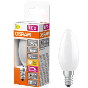   Osram E14 LED gyertya, 2,2W, 300 lm, 2700 K, melegfehér, dimmelhető, opál üveg-25 W izzó helyett - Superstar+ Classic B