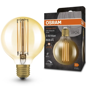   Osram E27 LED 8,8W, 806 lm, 2200 K, candlelight, dimmelhető, arany színű színű üveg-60 W izzó helyett - Vintage 1906 DIM Classic Globe Gold filament