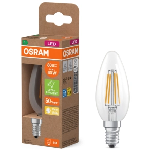   Osram E14 LED gyertya, 3,8W, 806 lm, 2700 K, melegfehér, áttetsző üveg-60 W izzó helyett - Superstar+ Classic B filament