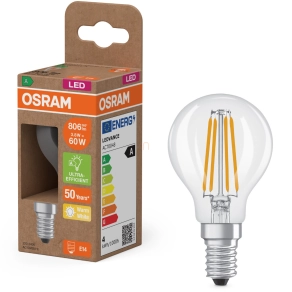   Osram E14 LED kisgömb, 3,8W, 806 lm, 2700 K, melegfehér, áttetsző üveg-60 W izzó helyett - Superstar+ Classic P filament