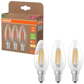   Osram E14 LED gyertya, 2,2W, 470 lm, 2700 K, melegfehér, áttetsző üveg-40 W izzó helyett, 3 darabos - Superstar+ Classic B filament
