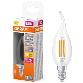   Osram E14 LED gyertya, 3,4W, 470 lm, 2700 K, melegfehér, dimmelhető, áttetsző üveg-40 W izzó helyett - Superstar Classic BA filament