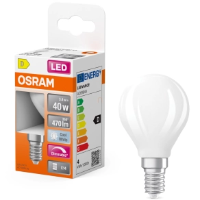   Osram E14 LED kisgömb, 3,4W, 470 lm, 4000 K, hidegfehér, dimmelhető, opál üveg-40 W izzó helyett - Superstar Classic P