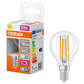   Osram E14 LED kisgömb, 3,4W, 470 lm, 4000 K, hidegfehér, dimmelhető, áttetsző üveg-40 W izzó helyett - Superstar Classic P filament
