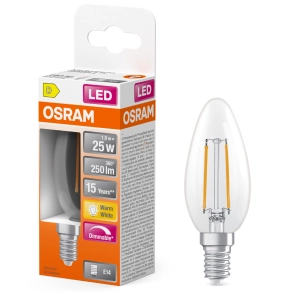   Osram E14 LED gyertya, 1,8W, 250 lm, 2700 K, melegfehér, dimmelhető, áttetsző üveg-25 W izzó helyett - Superstar Classic B filament