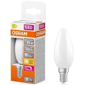   Osram E14 LED gyertya, 1,8W, 250 lm, 2700 K, melegfehér, dimmelhető, opál üveg-25 W izzó helyett - Superstar Classic B