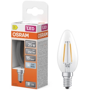  Osram E14 LED gyertya, 1,8W, 250 lm, 4000 K, hidegfehér, áttetsző üveg-25 W izzó helyett - Star Classic B filament