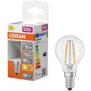   Osram E14 LED kisgömb, 1W, 136 lm, 2700 K, melegfehér, áttetsző üveg-15 W izzó helyett - Superstar Classic P filament
