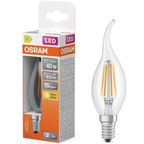   Osram E14 LED gyertya, 3,4W, 470 lm, 2700 K, melegfehér, áttetsző üveg-40 W izzó helyett - Star Classic BA filament