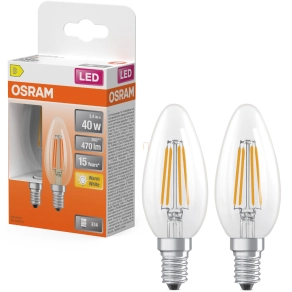   Osram E14 LED gyertya, 3,4W, 470 lm, 2700 K, melegfehér, áttetsző üveg-40 W izzó helyett, 2 darabos - Star Classic B filament