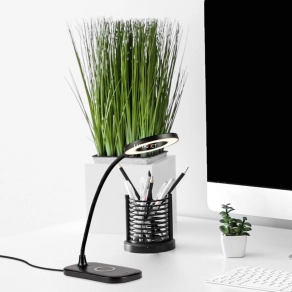   Telefontöltős asztali LED lámpa fehér színben 29 cm - Hardin Rábalux 74013, USB, fényerősség szabályzó, érintőkapcsolós, vezeték nélküli telefontöltővel, 2700-6000 K, 210 lm, 5 W