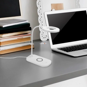   Telefontöltős asztali LED lámpa 29 cm - Hardin Rábalux 74014, USB, fényerősség szabályzó, érintőkapcsolós, vezeték nélküli telefontöltővel, 2700-6000 K, 210 lm, 5 W
