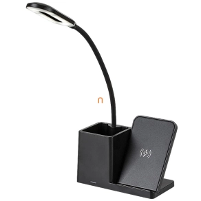   Szabályozható asztali LED lámpa telefontöltő funkcióval, tolltartóval, fekete 30 cm - Cerie Rábalux 74232, érintőkapcsoló, Qi vezeték nélküli töltés, micro USB, 1 méretes kábellel, 3000-4000-6500 K, 200 lm, 4 W, 5 V