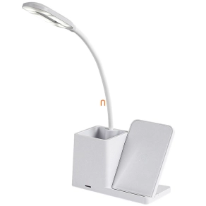   Szabályozható asztali LED lámpa telefontöltő funkcióval, tolltartóval, fehér 30 cm - Cerie Rábalux 74233, érintőkapcsoló, Qi vezeték nélküli töltés, micro USB, 3000-4000-6500 K, 200 lm, 4 W, 5 V