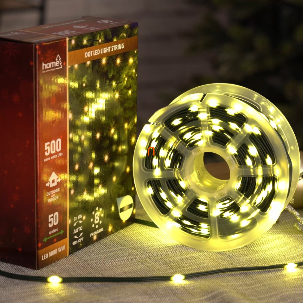 LED-es fényfüzér, kül- és beltéri kivitel, 500 db melegfehér LED, 8 világítási mód, 50 m füzérhossz