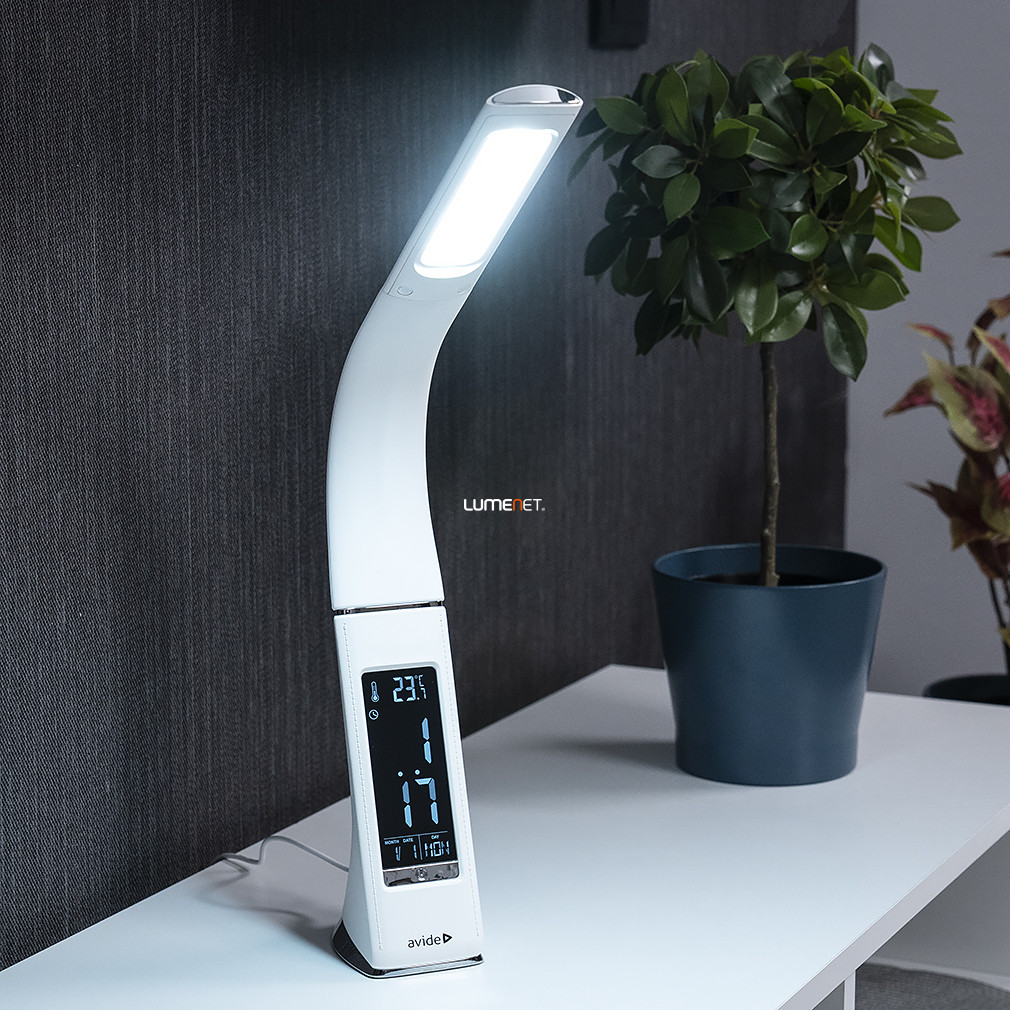 Asztali LED lámpa dátum és hőmérséklet kijelzővel 50 cm - Business Avide ABLDL-BLC-6W-WH, LCD kijelző, 5000 K, 350 lm, 6 W
