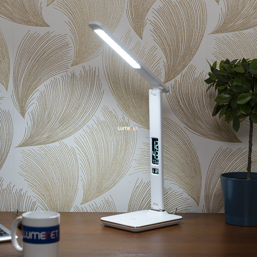 Asztali LED lámpa fehér színben, dátum kijelzős 59 cm - Office Avide ABLDL-OLC-6W-WH, állítható, 3000-4000-6400 K, 350 lm, 6 W