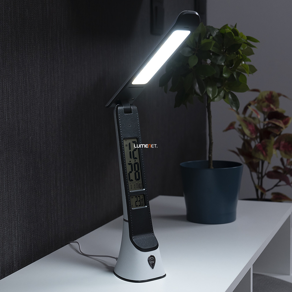 Műbőr asztali LED lámpa, kijelzős 50 cm - Hugo Avide ABLDLC-6W-WB-HG, akkumulátor adapterrel (tartozék), 5000 K, 240 lm, 5 W