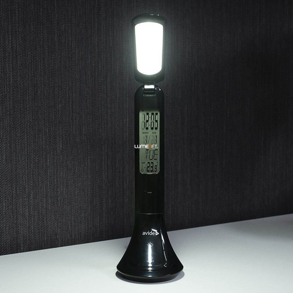 Asztali LED lámpa, fekete színben 42 cm - Calendar Avide ABLDL-CALENDAR-5W-BL, LCD kijelző, akkumulátor+1xCR2032 elemmel (tartozék), 4000 K, 320 lm, 5 W
