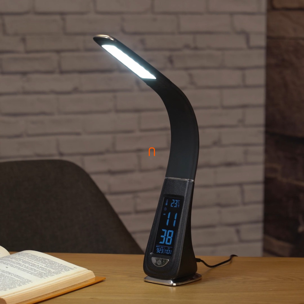 LED asztali lámpa, szabályozható fényerő, idő-dátum-hőmérséklet kijelzés, ébresztő mód - deLux DEL1682 5000 K, 370 lm, 4 W
