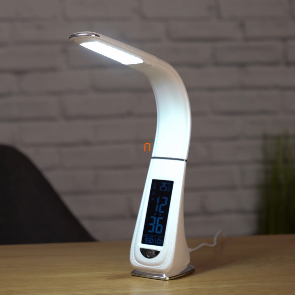 LED asztali lámpa, szabályozható fényerő, idő-dátum-hőmérséklet kijelzés, ébresztő mód, 4W, 370lm, 5000K, fehér bőr hatású, hálózati adapterrel - deLux DEL1683, bőr hatású, hálózati adapterrel, 370 lm, 4 W