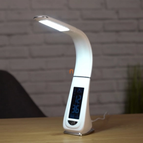   LED asztali lámpa, szabályozható fényerő, idő-dátum-hőmérséklet kijelzés, ébresztő mód, 4W, 370lm, 5000K, fehér bőr hatású, hálózati adapterrel - deLux DEL1683, bőr hatású, hálózati adapterrel, 370 lm, 4 W