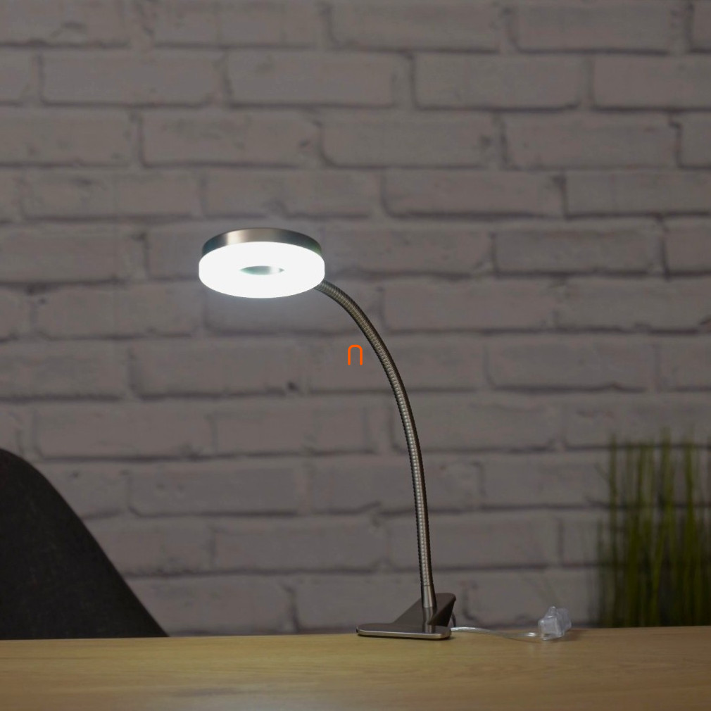 LED asztali lámpa, csíptetős, 4W, 400lm, 5000K, nikkel, kapcsoló a kábelen, hálózati adapterrel - deLux DEL1686, 400 lm, 4 W