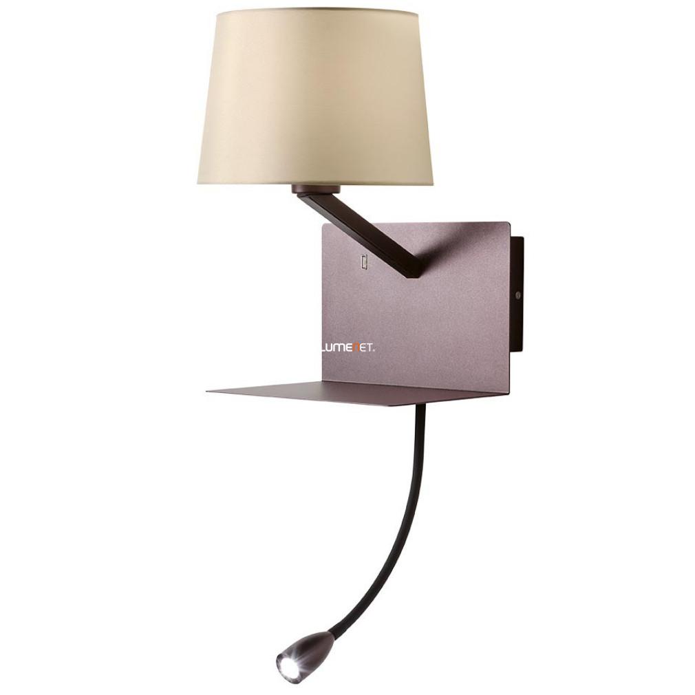 Fali lámpa polccal, LED olvasókarral, USB töltővel, kávébarna színű - Tomo Redo 01-1808