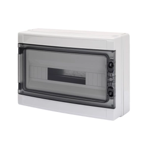   Gewiss kiselosztó falonkívüli 1/18 átlátszó ajtóval IP65 PE/N sínnel, 1000V DC, UV-álló GW40106BS