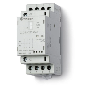   Finder 22.34.0.230.4340 installációs mágneskapcsoló, kontaktor, 25A (AC-7a), 4NO, 230V AC/DC, On-Auto-Off kapcsoló + mechanikus állapotjelzés + LED