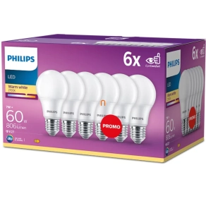   Philips E27 LED, opál, 7 W, 806 lm, melegfehér fényű - 60 W izzó helyett, 6db/csomag