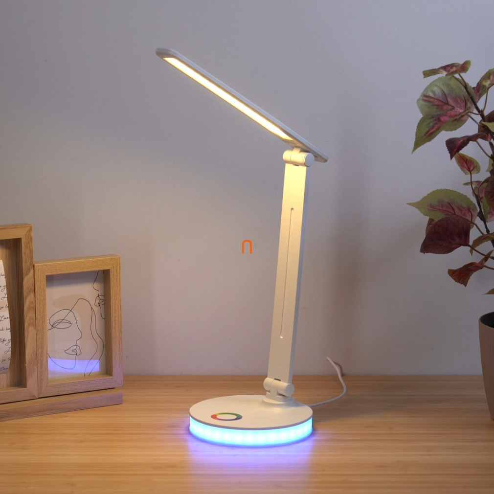Szabályozható asztali LED lámpa színes talapat világítással, fehér 50 cm - Geraldo Globo 58445W, USB kábellel, 1.2 méretes kábellel, 2700-6500-4000 K, 538 lm, 1 W, 230 V