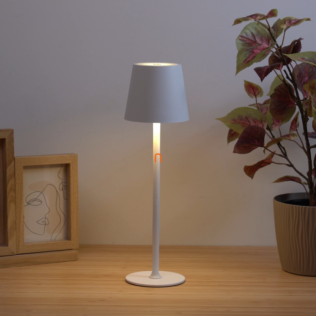 Szabályozható asztali LED lámpa fehér színben, 36 cm - Vannie Globo 58438W, memória, akkumulátoros, állítható fényerősség, dimmelhető, tölthető, hordozható, fröccsenő víz ellen védett, 1.5 méretes kábellel, 3000 K, 130 lm, 5 W, 230 V