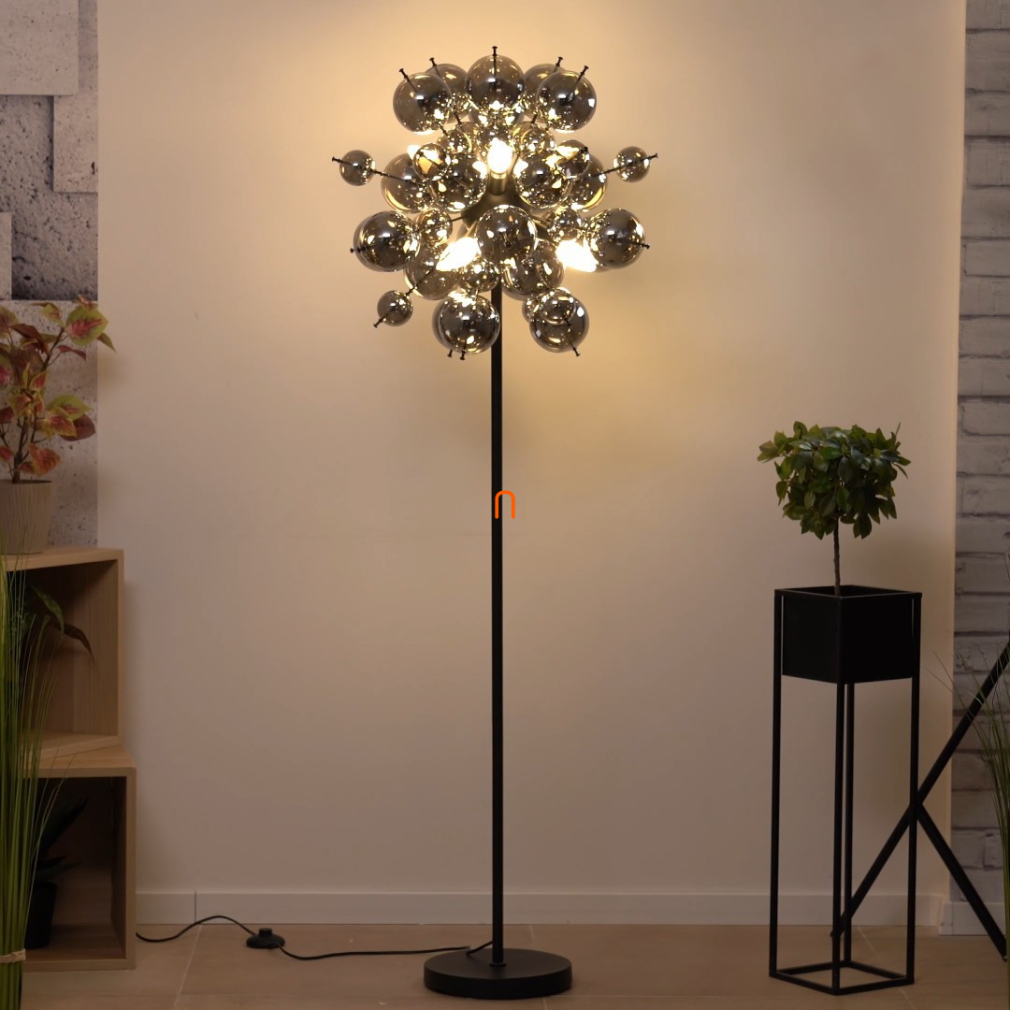 Állólámpa füstszínű üveggömbökkel, 155 cm - Udo Globo 15633SS, talpkapcsoló, üveg, 6xE14 foglalattal, 230 V